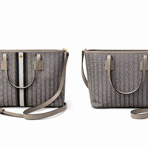 Tory Burch Gemini Link Canvas Tote Navy Stripe Crossbody Strap |Neutral Jacquard